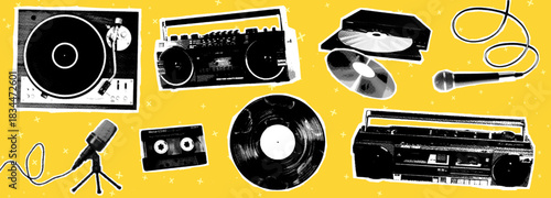 A collection of halftone elements: a microphone, vinyl record player, DVD player, tape deck, and cassette tape. Modern vector illustration in a retro grunge style with a dotted texture. Dotted photoco