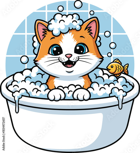 Adorable cartoon kitten enjoying a bubbly bath with a toy fish