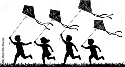 Children flying kites, silhouette, outdoor play, motion, joy, freedom, vector art, black graphic, childhood fun - flavector