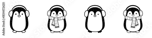 Penguins wearing earmuffs and scarves, seamless border, monochrome isolated vector image on a transparent background, pencil drawing
