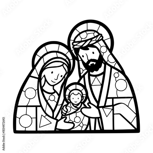 Sacred family in stained glass,  monochrome isolated vector image on a transparent background, pencil drawing
