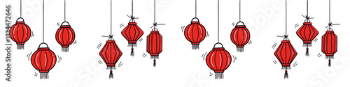 Red lanterns, seamless border,  isolated vector image on a transparent background, pencil drawing
