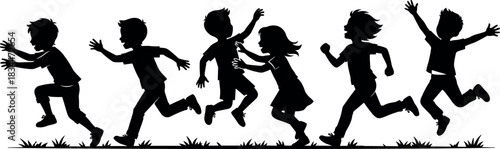 Children running silhouette, outdoor play, grassy field, joy, movement, black illustration, youth activity, dynamic pose – flavector