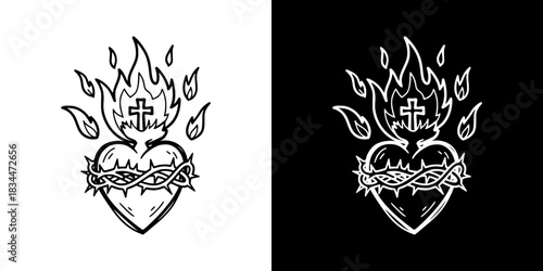 Sacred heart of Jesus with flames, monochrome isolated vector image, two versions on transparent and black backgrounds, pencil drawing, chalk drawing
