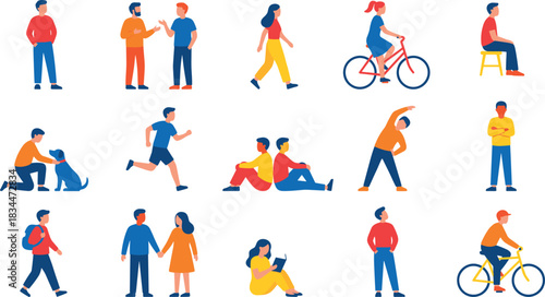 Colorful people activity illustration, walking, talking, biking, reading, petting dog, stretching, casual lifestyle, urban motion – flavector