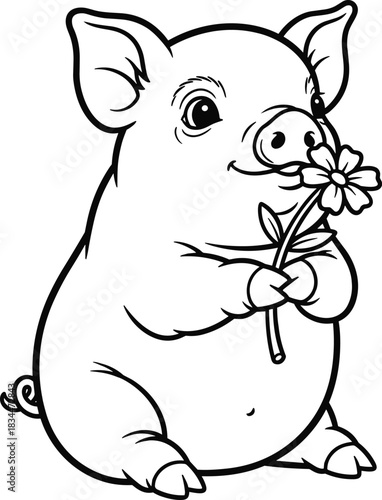 Adorable cartoon piglet sitting and smelling a delicate flower