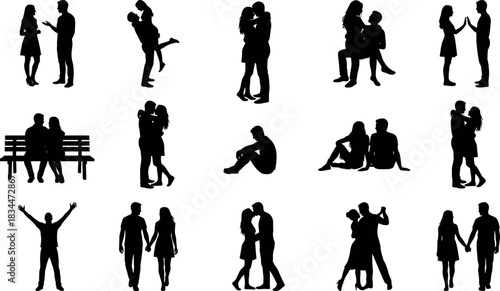 Couple and solo silhouette collection, emotional poses, affection, companionship, black illustration, love, connection, expression – flavector