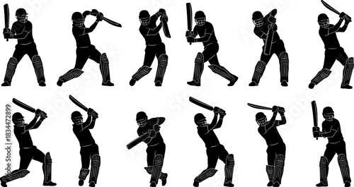 Cricket batsman silhouette poses with helmet and gear in dynamic batting action sequence – flavector