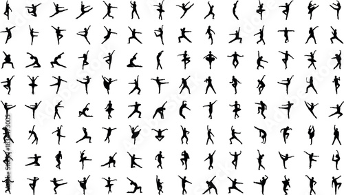 Dance silhouette grid, expressive poses, solo and partner moves, black illustration, motion, choreography, art, movement – flavector