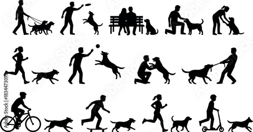 Dog walking, playing, running, bonding, silhouette, pet activity, outdoor fun, companionship, motion, black vector - flavector