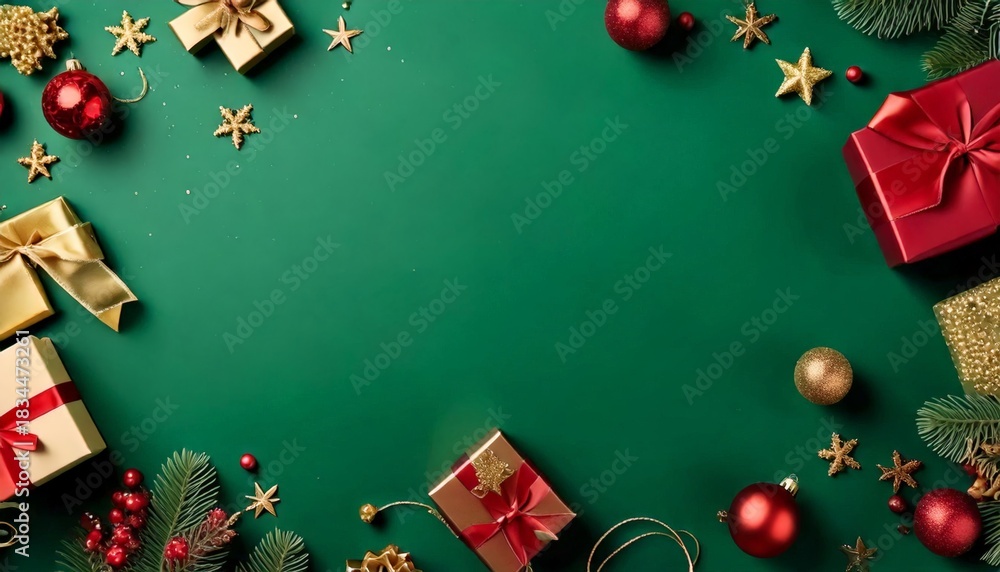 Fototapeta premium Christmas decoration border on green background with copy space
