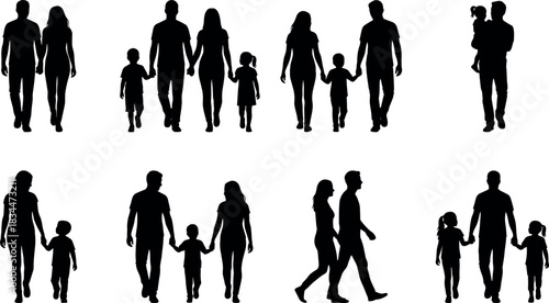 Family silhouette, walking together, parent child, relationship pose, black vector, bonding, lifestyle, unity - flavector