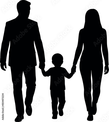Family walking, silhouette, unity, support, parent child, black vector, togetherness, love, bond, outdoor scene - flavector