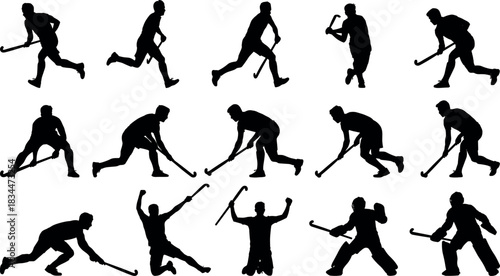 Field hockey silhouette collection, dynamic poses, stick action, running, defending, goalkeeping, black illustration, sports motion – flavector