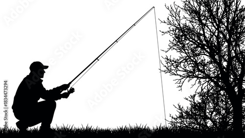 Fishing silhouette, squatting pose, tree, grassy terrain, outdoor activity, black illustration, nature moment, quiet scene – flavector