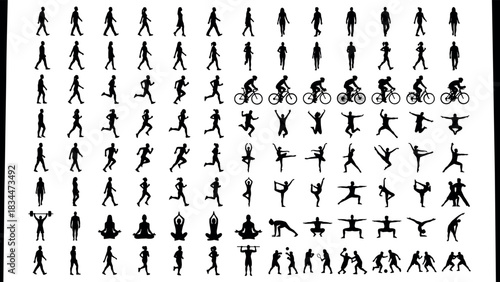 Human motion, silhouette, activity grid, exercise, sports, posture, black vector, movement, lifestyle, body action - flavector