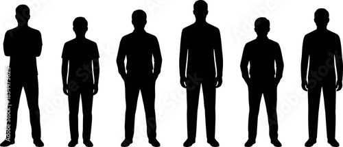 Male silhouette, posture variation, standing figure, body shape comparison, black vector, human stance, lineup - flavector