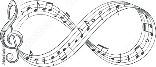 Infinity music symbol, treble clef, flowing staff, musical notes, timeless sound, black illustration, abstract art – flavector