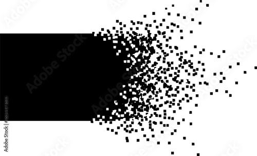 Black rectangular shape dissolving into scattered pixels 