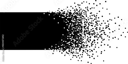 Black rectangular shape dissolving into scattered pixels 