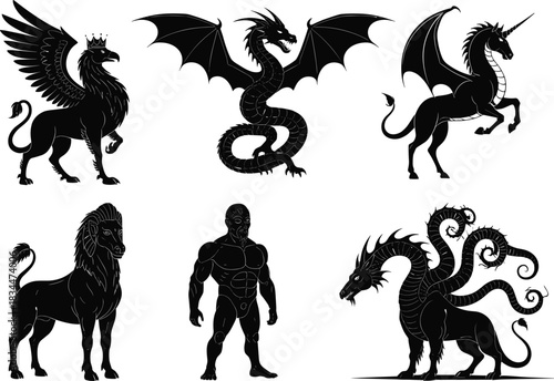 Mythical creature silhouettes including griffin, dragon, unicorn, manticore, hydra, and hero figure, fantasy flat vector
