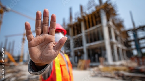 Construction worker in hard hat and vest holding up a stop hand signal