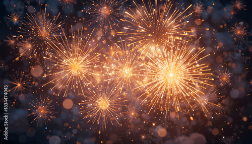 Brilliant golden orange fireworks explode against a dark night sky creating a festive and celebratory atmosphere for holidays