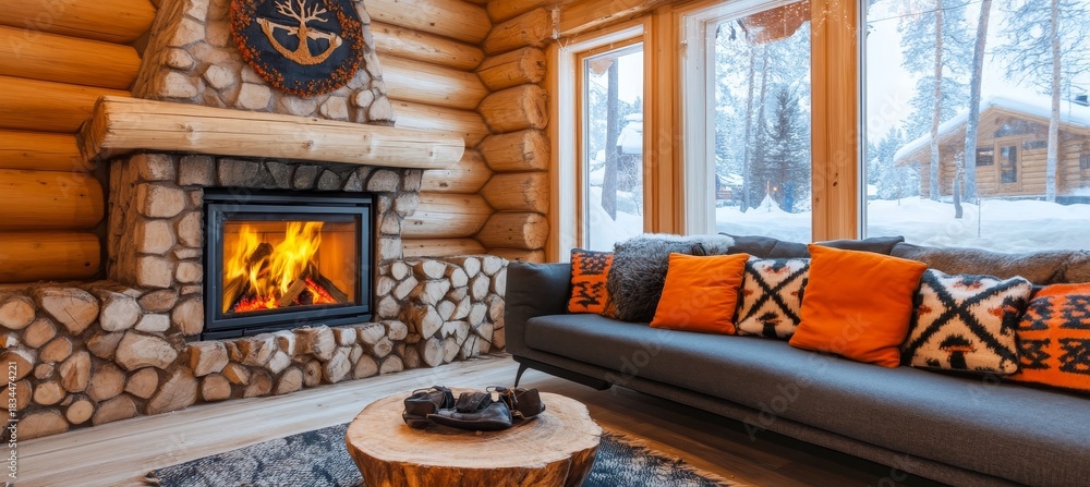 Naklejka premium Cozy Mountain Cabin Interior Featuring a Stone Fireplace, Gray Sofa, Log Walls, and Snowy Views