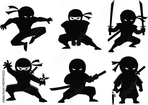 Ninja silhouettes in combat poses, martial arts warriors with weapons, Japanese stealth fighters icons, action design flat vector