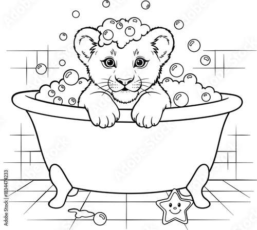 Adorable lion cub enjoying a bubble bath in a clawfoot tub