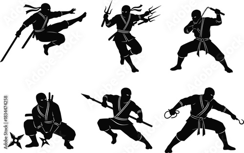 Ninja silhouettes with sword, sai, nunchaku, shuriken, spear, chakram, martial arts combat poses illustration, flat vector