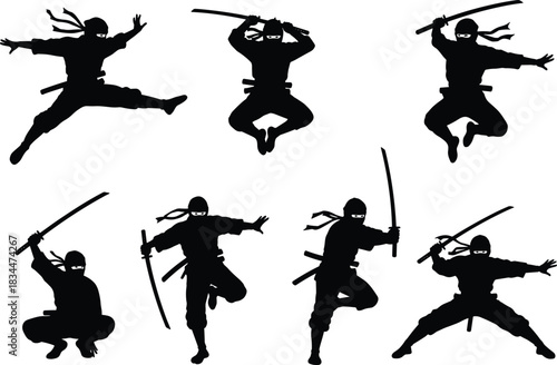 Ninjas with katanas in action poses, martial arts, stealth combat, Japanese warrior flat vector illustration