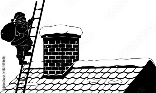 Black silhouette of Santa climbing ladder to chimney on snowy roof
