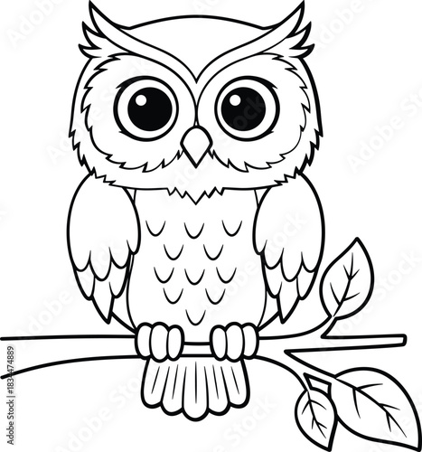 Charming black and white drawing of a cute owl perched on a branch