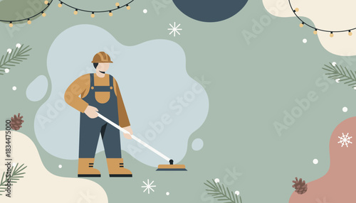 Worker in hard hat and overalls cleaning surrounded by abstract winter holiday decorations Vector