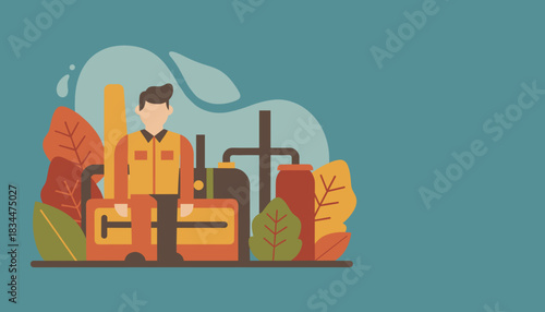 Flat illustration of an industrial worker surrounded by machinery and green elements symbolizing sustainable industry