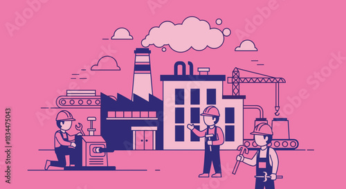 Industrial workers in safety gear operating machines at a factory Manufacturing labor concept