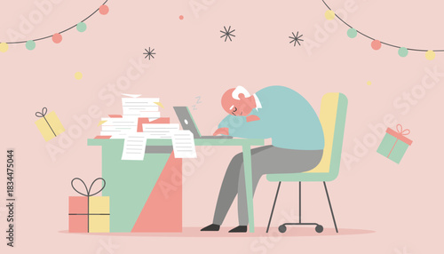 Stressed employee sleeping at desk full of documents during the festive endofyear rush