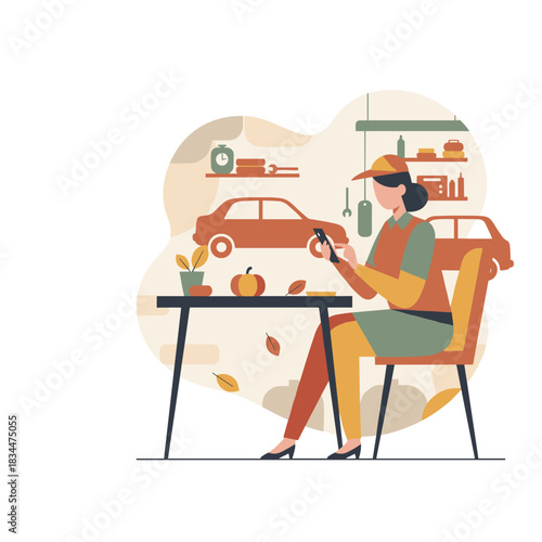 Woman managing her auto repair business via smartphone in an autumnthemed garage office