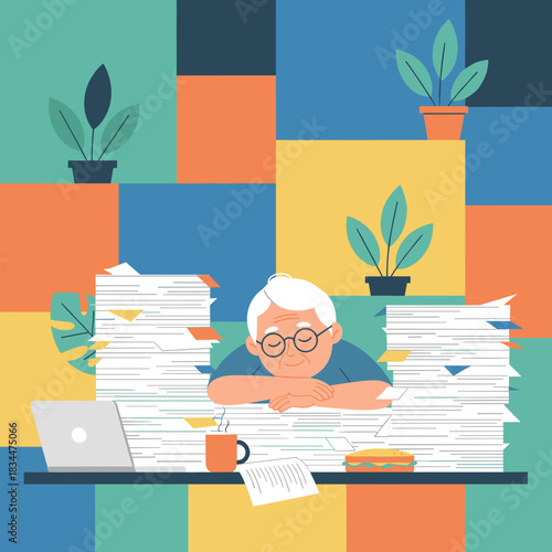 Exhausted senior worker sleeping on a mountain of paperwork at a messy office desk Professional burnout concept