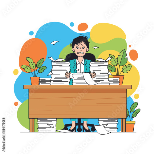 Overwhelmed employee buried in mountains of paperwork symbolizing extreme work stress and burnout