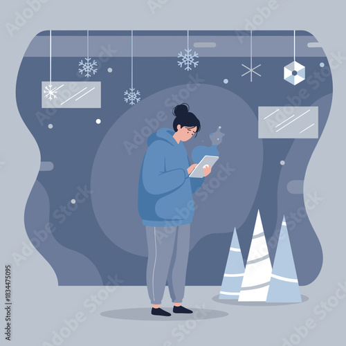 Woman in a hoodie using a glowing tablet in a stylized cold winter environment Technology and loneliness