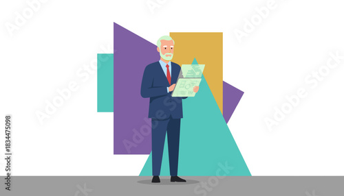 Senior executive reviewing business data on a futuristic tablet conceptual illustration