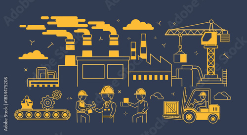 Industrial concept illustration of factory production line workers crane and logistics on blue background