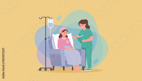 Nurse supports smiling female cancer patient receiving IV infusion Medical care and recovery concept