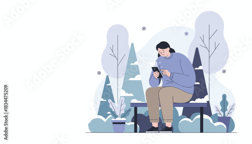 Lonely woman scrolls phone sadly on a winter park bench Concept of digital isolation depression or bad news