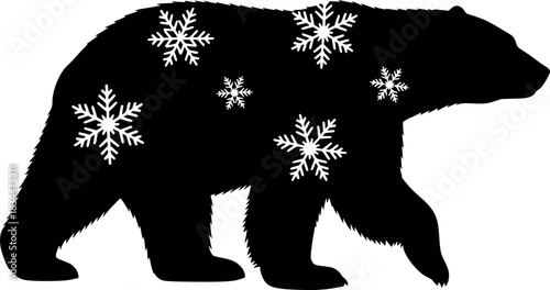 A polar bear silhouette where parts of its back fur are cut out as snowflake shapes. Black silhouette, white background
