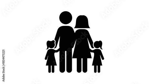 A black silhouette icon representing a traditional nuclear family with a father, mother, and two young daughters.