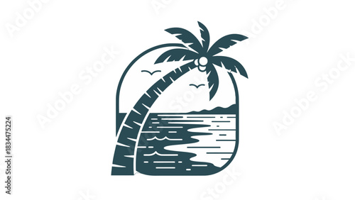 A stylized illustration of a leaning palm tree on a tropical island beach with calm ocean waves and distant mountains.