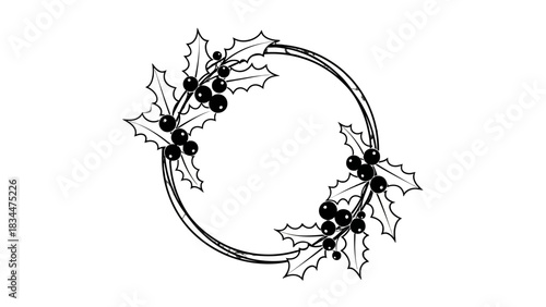 A detailed black and white illustration of a circular wreath adorned with holly leaves and berries.